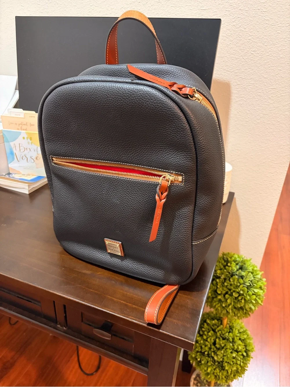 Dooney & Bourke Black Pebbled Leather Backpack with Tan Accents